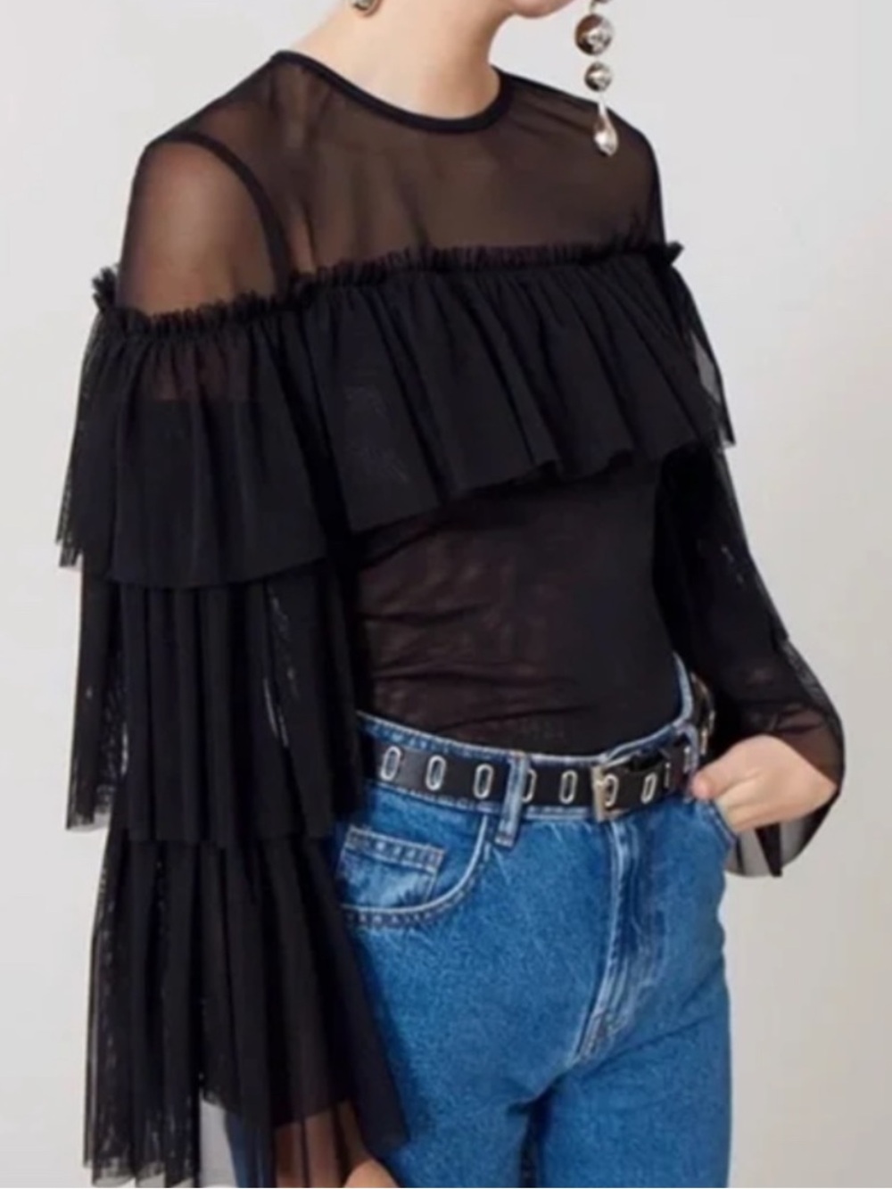 Amanda Uprichard Black Mesh Tiered Sleeve Bodysuit - Picture 1 of 6